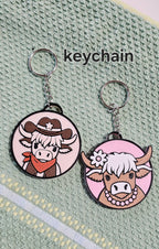 3d Western Cowgirl Cowboy Highland Cow Theme - Necklace, Purse Charm, Earrings, Keychain, Magnet