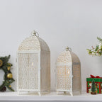 Set of 2-16.5''&12'' High Metal Lantern-White with Gold Brush