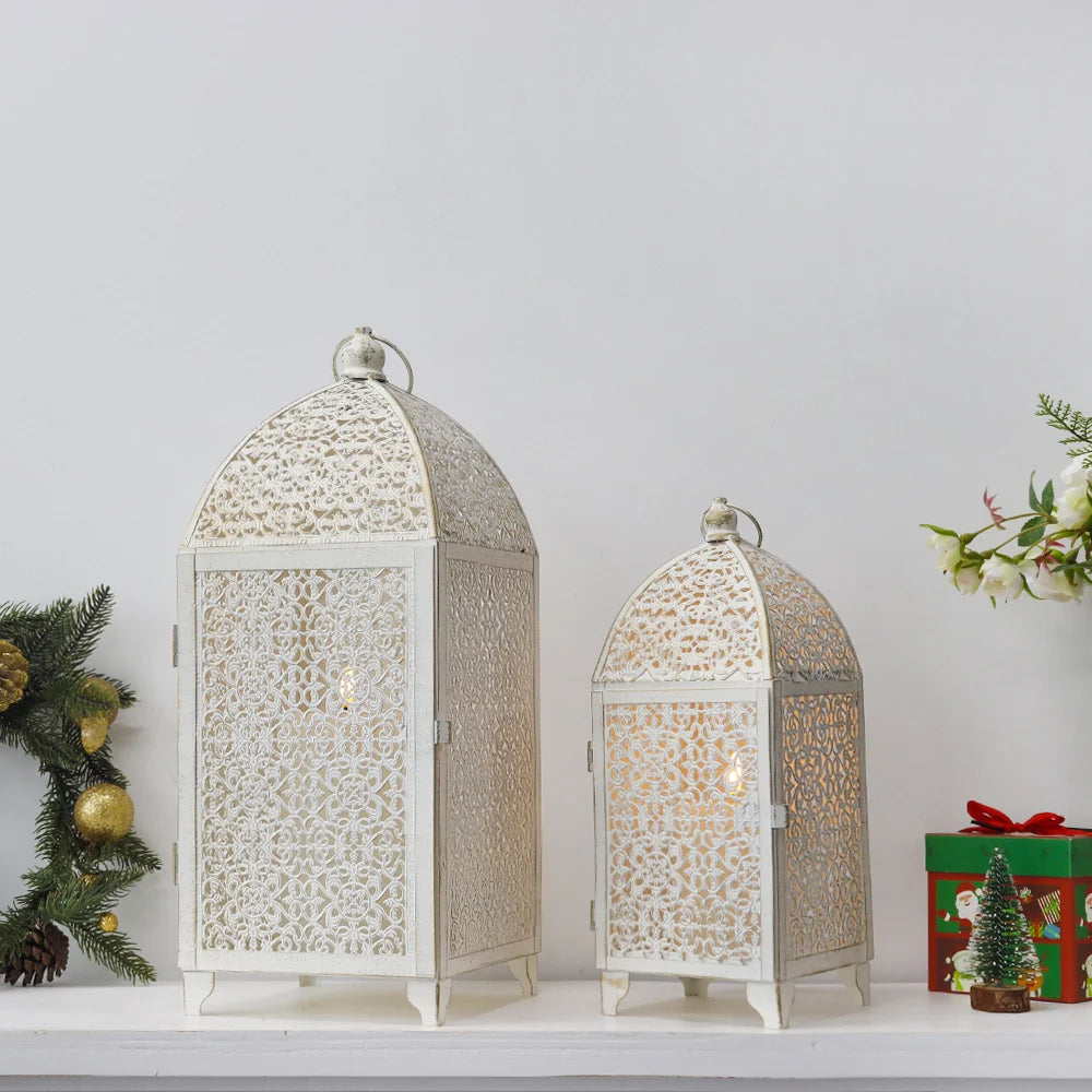 Set of 2-16.5''&12'' High Metal Lantern-White with Gold Brush